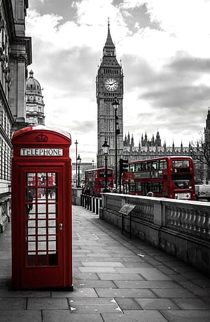 London Street Scene Featuring Big Ben, Red Telephone Box, and Double-Decker Buses HD phone wallpaper