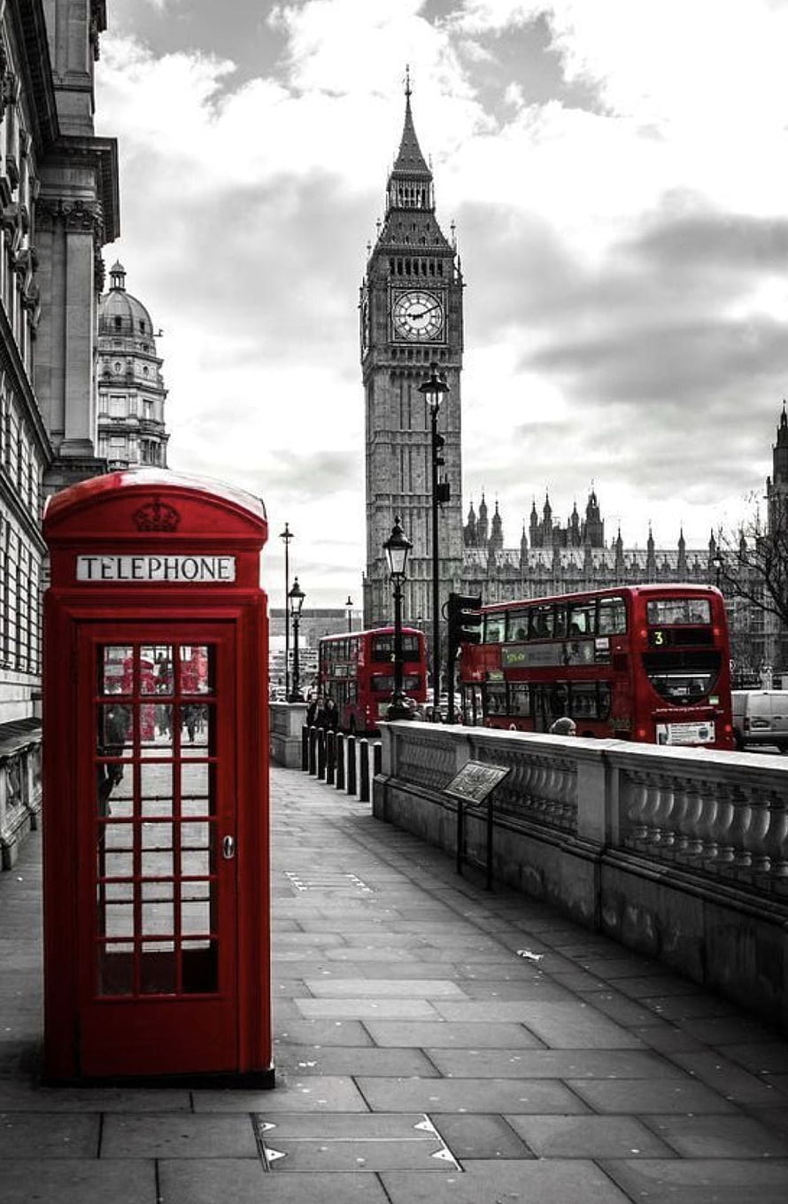 London Street Scene Featuring Big Ben, Red Telephone Box, and Double-Decker Buses HD phone wallpaper