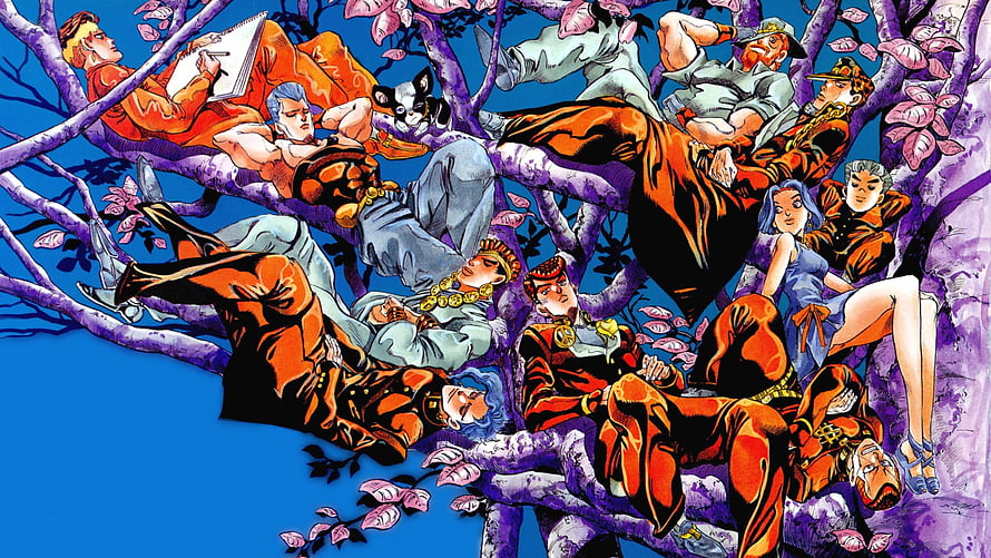 Jojo's Bizarre Adventure Cast Reclining in Blossoming Tree Illustration HD wallpaper