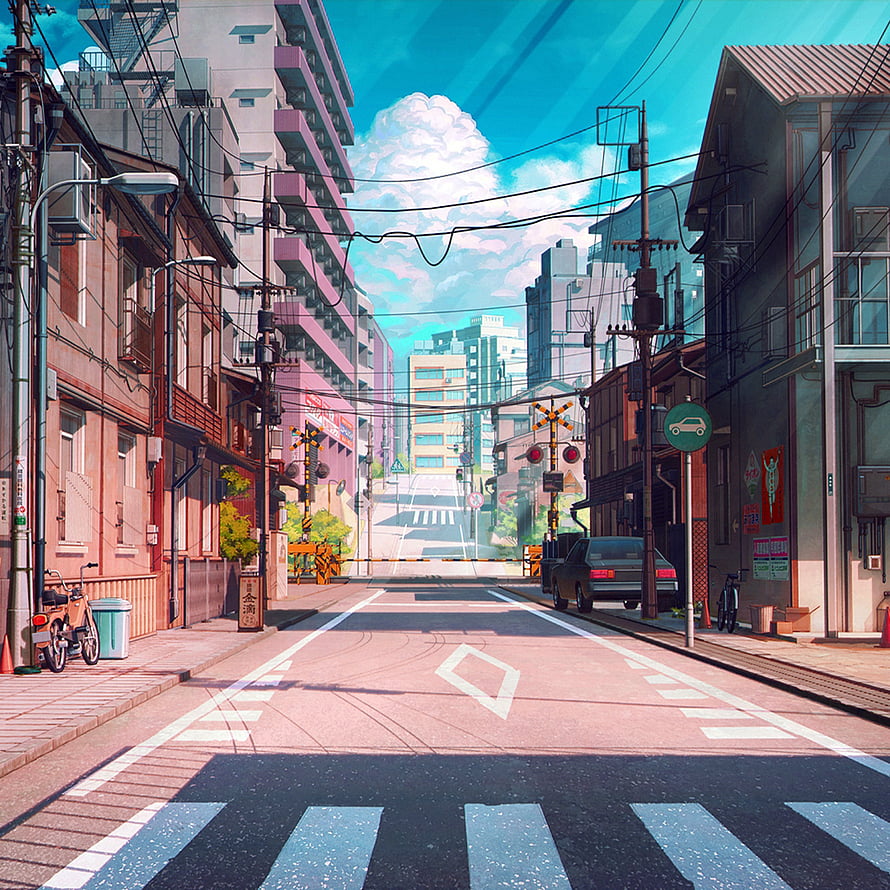 Anime Style Japanese City Street Scene With Blue Sky And Clouds HD phone wallpaper