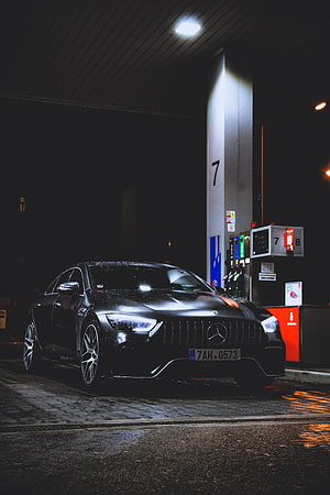 Matte Black Mercedes-AMG GT 63 S at Gas Station at Night HD phone wallpaper