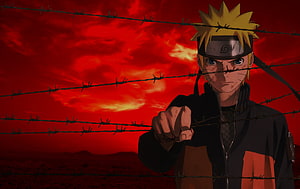 Naruto Uzumaki in Akatsuki cloak pointing forward against a dramatic red sky with barbed wire HD wallpaper