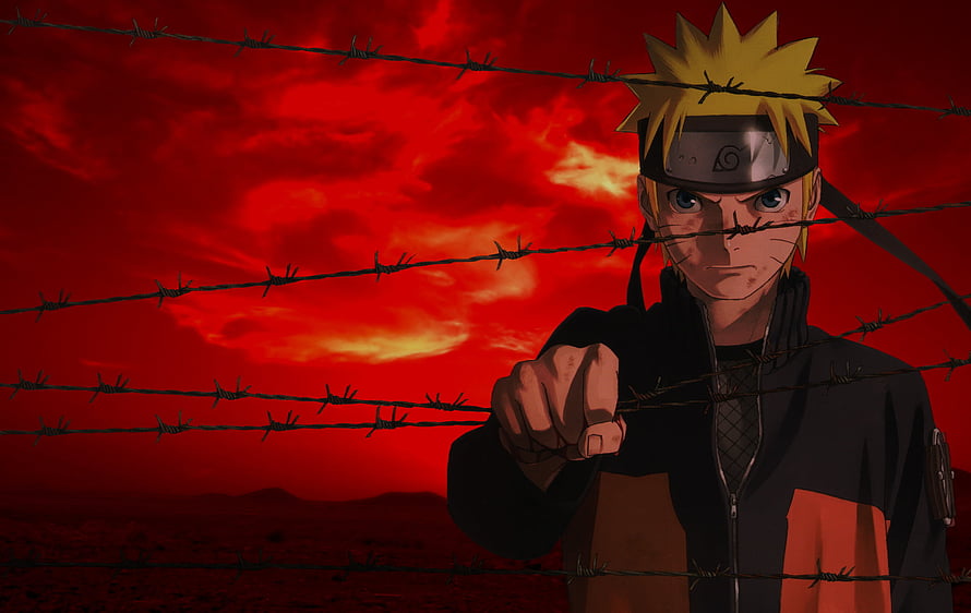 Naruto Uzumaki in Akatsuki cloak pointing forward against a dramatic red sky with barbed wire HD wallpaper