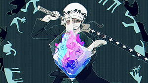 Trafalgar Law from One Piece Holding a Glowing Heart Crystal with a Katana HD wallpaper