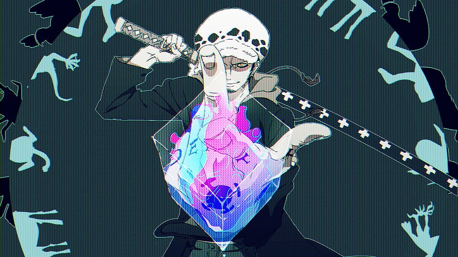 Trafalgar Law from One Piece Holding a Glowing Heart Crystal with a Katana HD wallpaper
