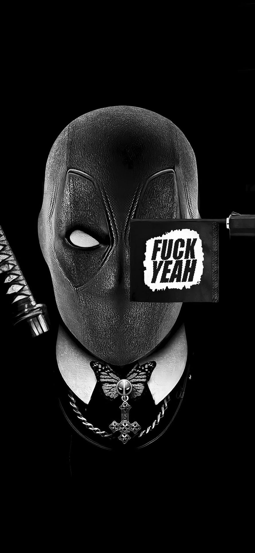 Deadpool Black and White Portrait with Katana and Cross Necklace HD phone wallpaper