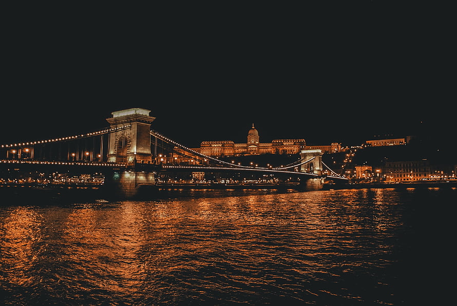 Chain Bridge and Parliament Building in Budapest at Night with Golden River Reflections HD wallpaper