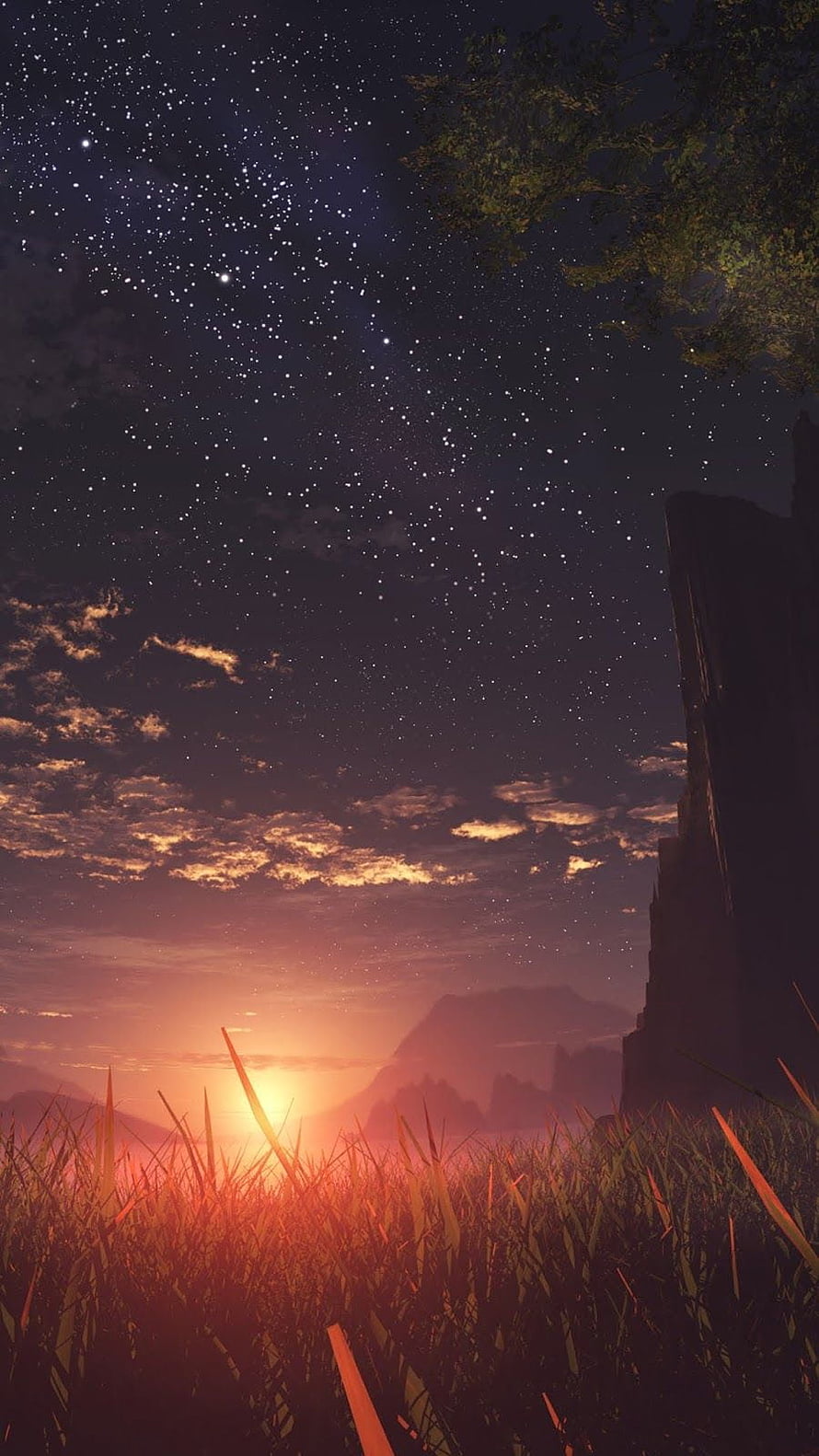 Starry Night Sky Over Mountain Valley at Sunset with Tall Grass and Ancient Ruins HD phone wallpaper