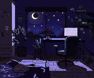 Cozy Nighttime Bedroom Scene with Moonlit Window and Sleeping Figure HD wallpaper