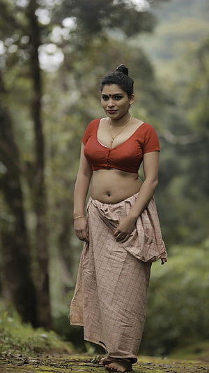 Woman in Traditional Indian Attire Standing in a Lush Forest, Reshmi nair, model HD phone wallpaper