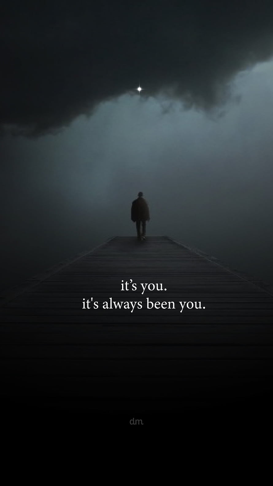 Solitary Figure Walking on Dark Pier Under Stormy Sky with Single Star HD phone wallpaper
