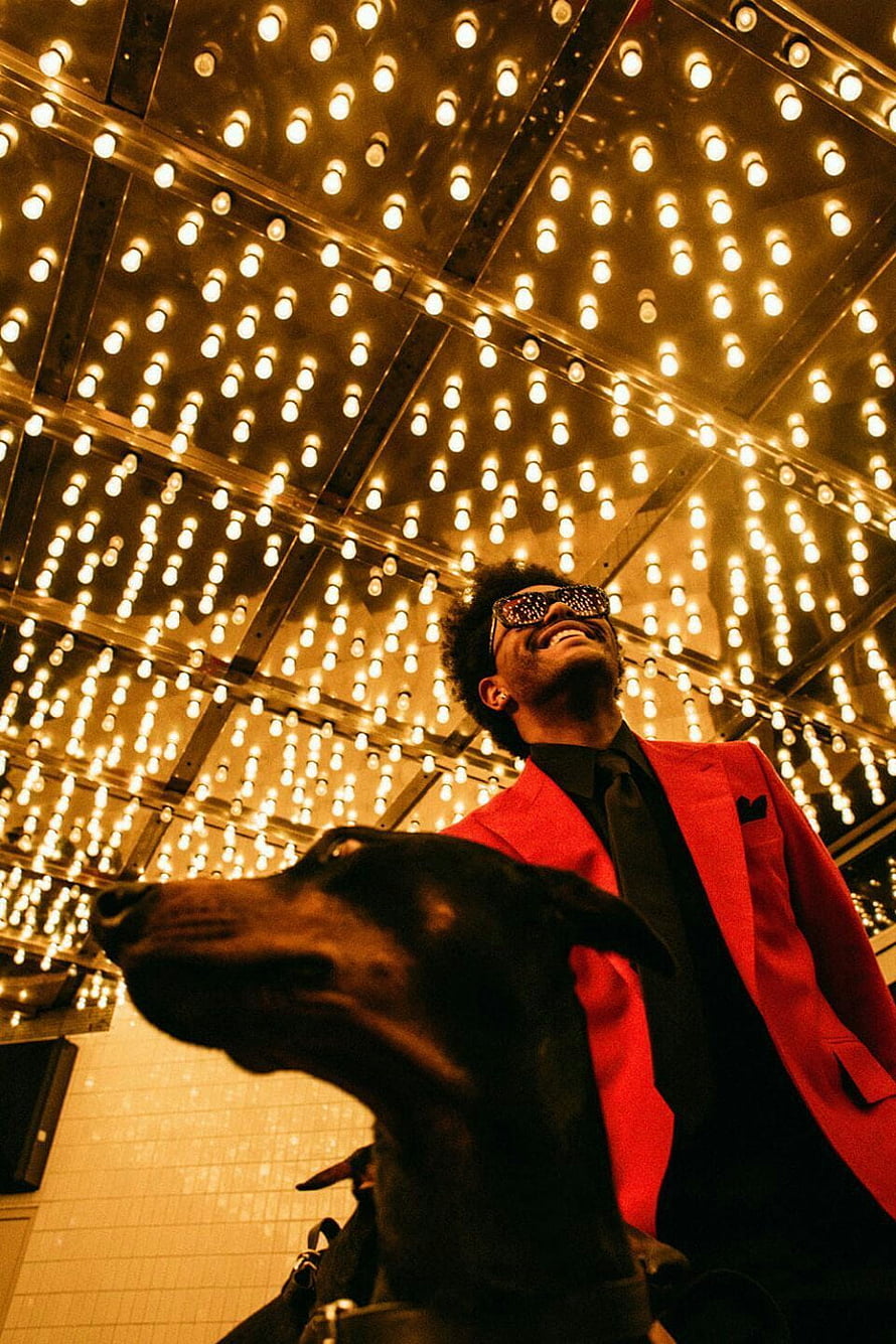 The Weeknd in a red suit and star sunglasses with a black dog under a ceiling of warm lights HD phone wallpaper