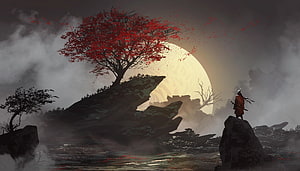 Lone Samurai Standing on Rock Before Red Tree and Giant Moon in Misty Fantasy Landscape HD wallpaper