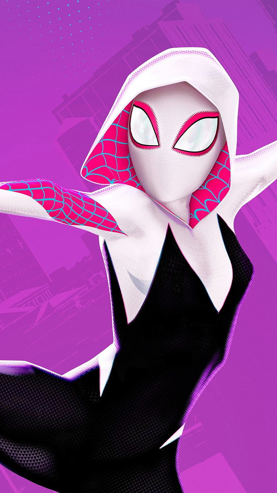 Gwen Stacy Spider-Gwen Animated Hero in White and Black Suit with Purple Background HD phone wallpaper