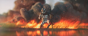 Star Wars Clone Trooper Standing in Burning Grassland with Smoke and Fire HD wallpaper