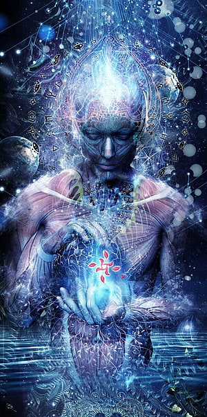 Ethereal Spiritual Figure with Glowing Chakra and Cosmic Energy HD phone wallpaper
