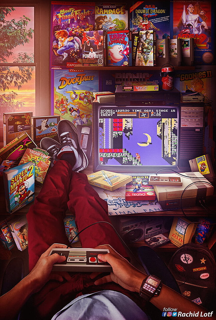Retro Gaming Room with NES Controller, Super Mario Bros 2, and Classic Arcade Games HD phone wallpaper