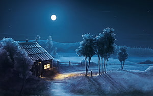 Snowy Cabin Under Full Moon in Winter Night Landscape with Frosty Trees and Starry Sky HD wallpaper