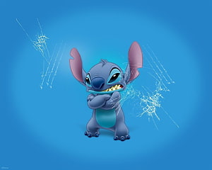 Stitch from Lilo & Stitch Smiling with Scratched Glass Effect on Blue Background HD wallpaper