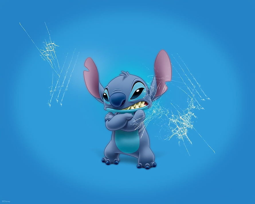Stitch from Lilo & Stitch Smiling with Scratched Glass Effect on Blue Background HD wallpaper