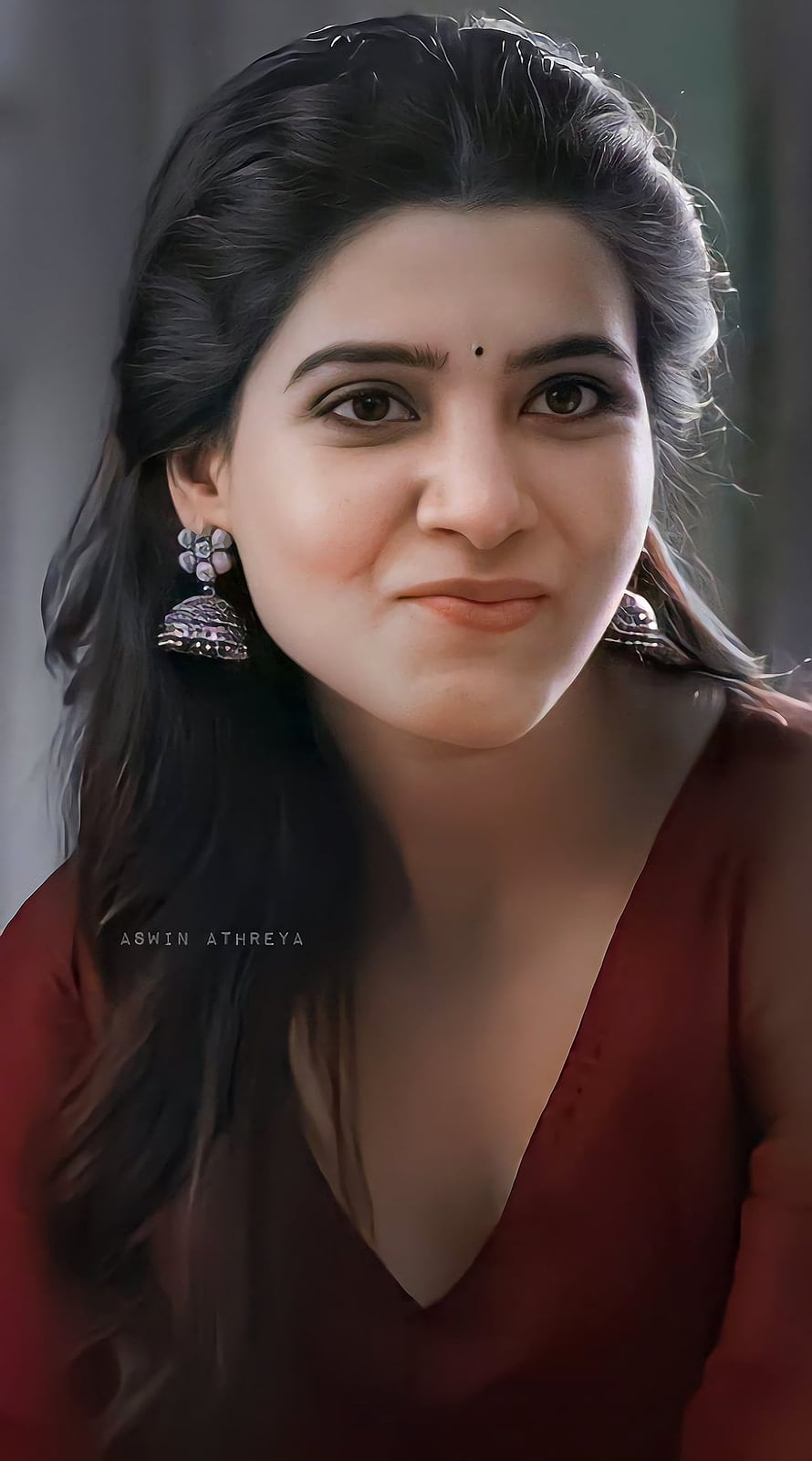 Samantha Akkineni Portrait in Maroon Attire with Traditional Silver Jhumka Earrings HD phone wallpaper