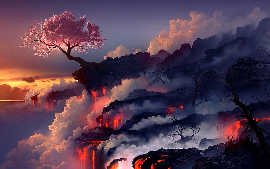 Fantasy Landscape with Cherry Blossom Tree, Lava Falls, and Volcanic Smoke at Sunset HD wallpaper