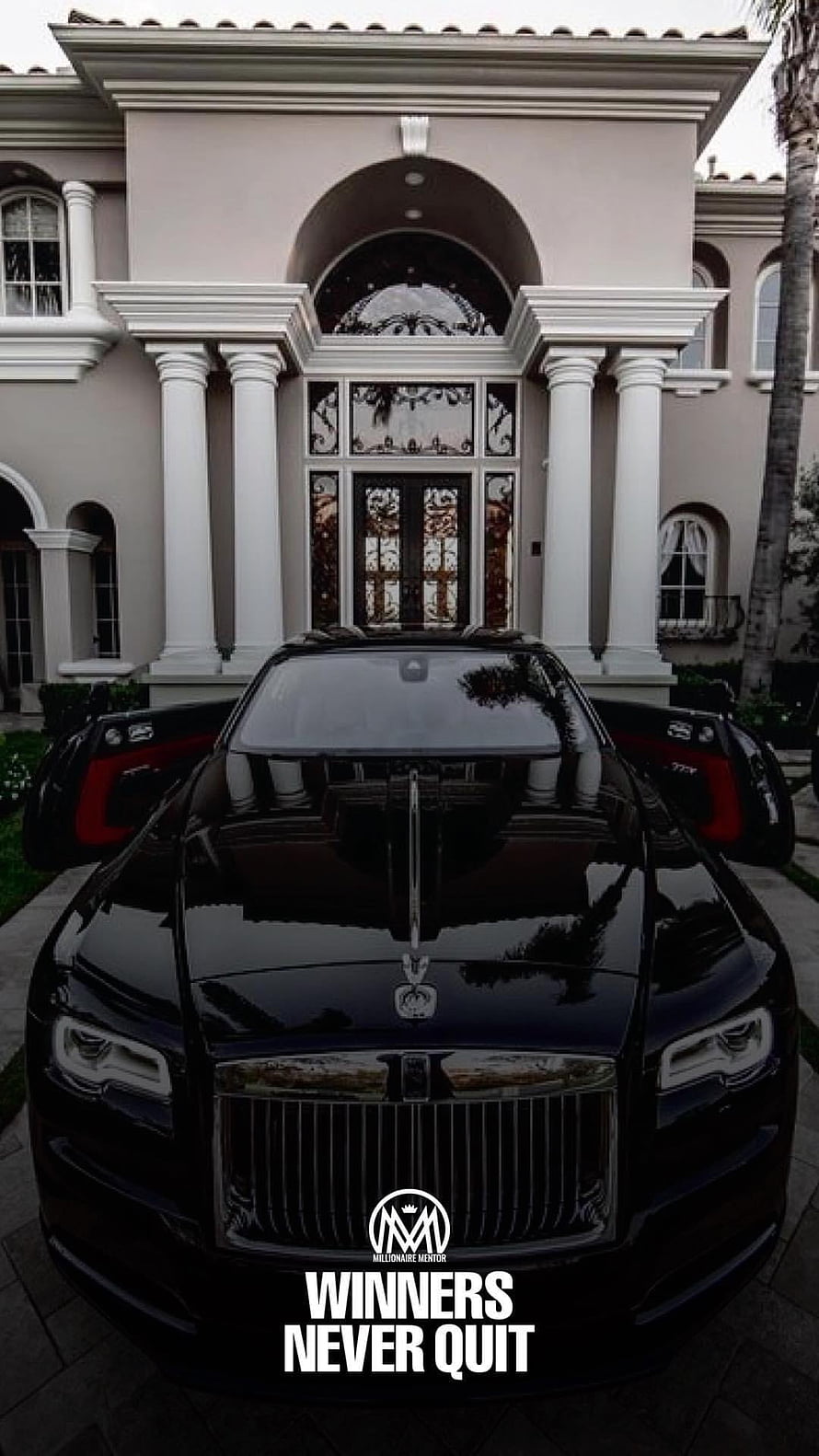 Black Rolls-Royce Cullinan Parked Before Grand Estate With White Columns HD phone wallpaper