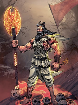 Muscular warrior with glowing golden axe standing over skulls in dark fantasy art HD phone wallpaper