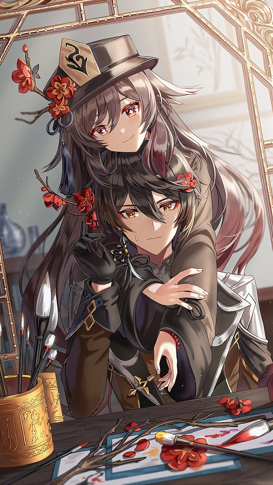 Hu Tao and Zhongli Genshin Impact Artwork with Red Flowers and Calligraphy Tools HD phone wallpaper