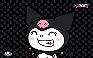 Kuromi Sanrio Character with Pink Skull on Black Heart Pattern Background HD wallpaper