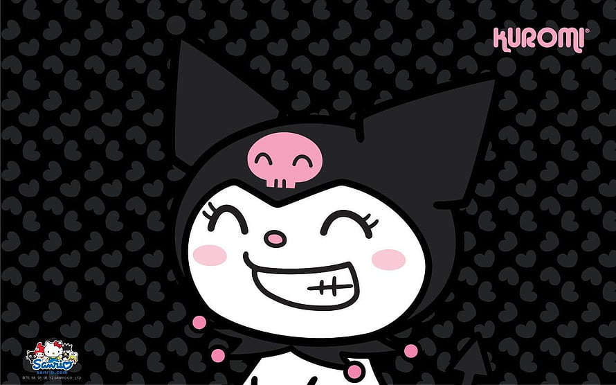 Kuromi Sanrio Character with Pink Skull on Black Heart Pattern Background HD wallpaper