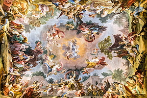 Baroque Ceiling Fresco with Angels and Mythological Figures in Classical Style HD wallpaper