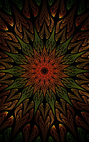 Mesmerizing Fractal Mandala With Radiating Green And Orange Feathery Patterns On Black Background, Fractal, mandala, pattern, ornament HD phone wallpaper