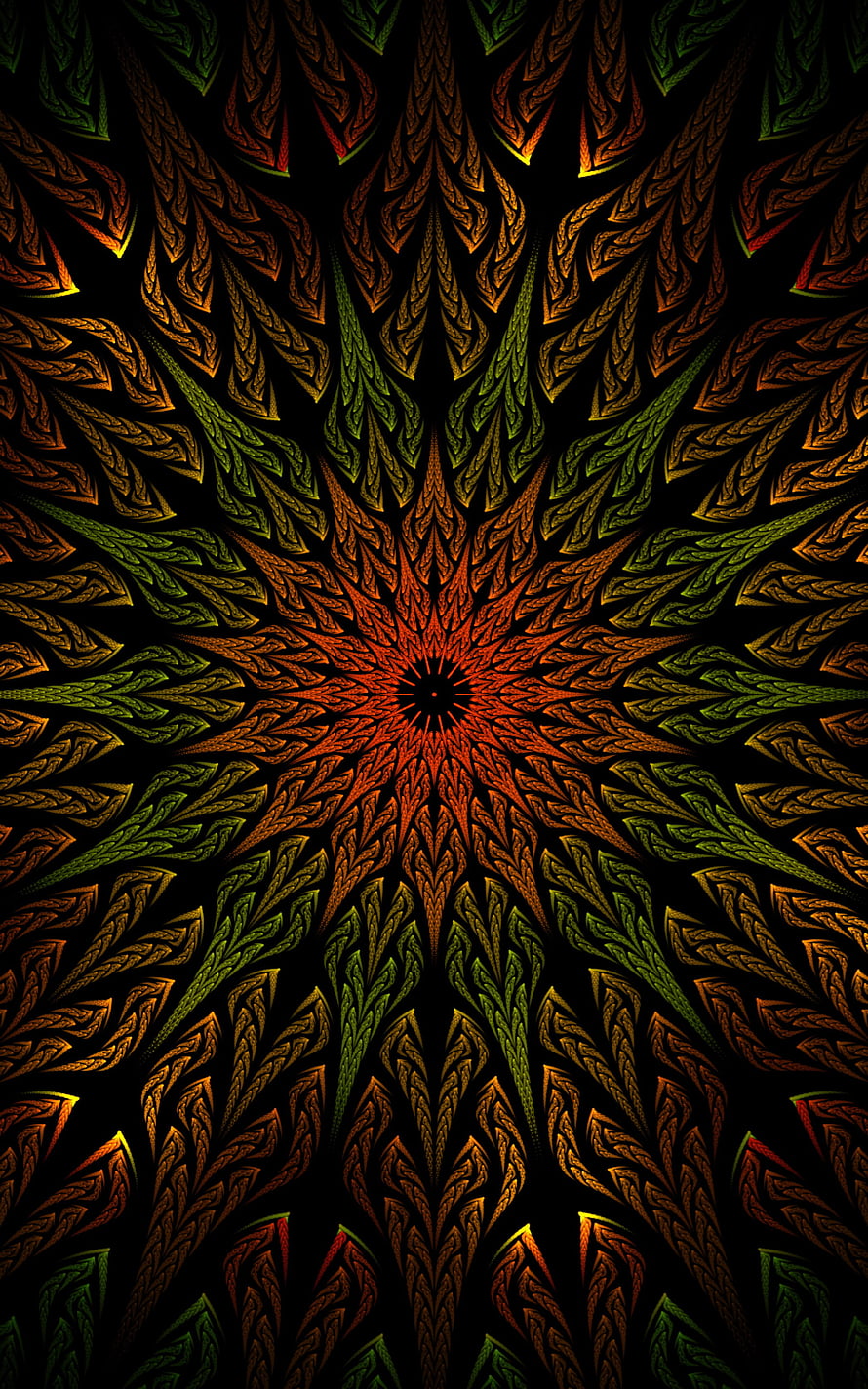 Mesmerizing Fractal Mandala With Radiating Green And Orange Feathery Patterns On Black Background, Fractal, mandala, pattern, ornament HD phone wallpaper