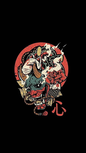 Oni Demon Mask with Koi Fish and Peony in Japanese Tattoo Style HD phone wallpaper