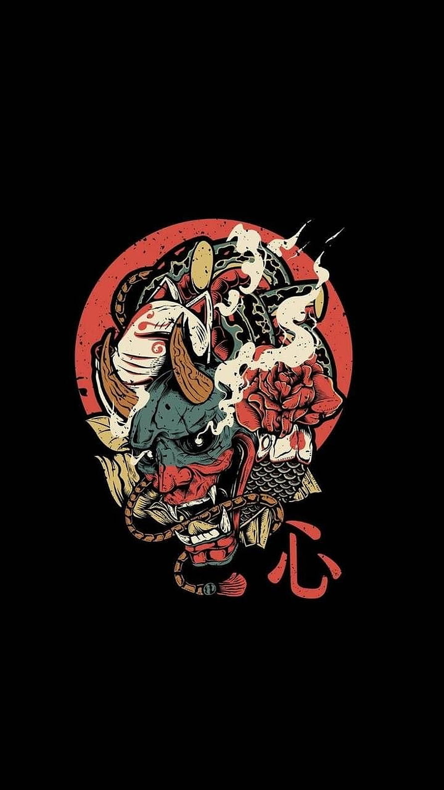 Oni Demon Mask with Koi Fish and Peony in Japanese Tattoo Style HD phone wallpaper