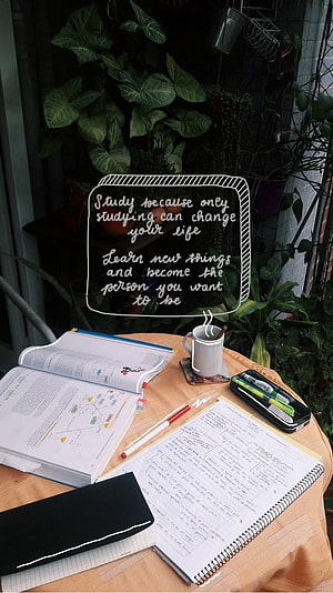 Motivational Study Setup with Open Books, Notebooks, and Plants HD phone wallpaper