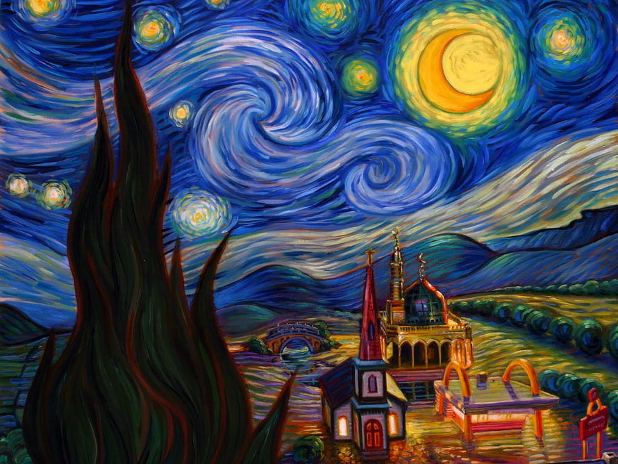 The Starry Night Parody Featuring McDonald's and a Church in Van Gogh Style HD wallpaper