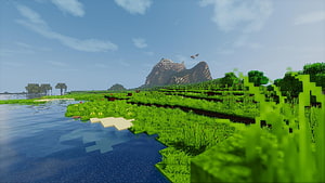 Minecraft Plains Biome Landscape with Water and Distant Mountains HD wallpaper