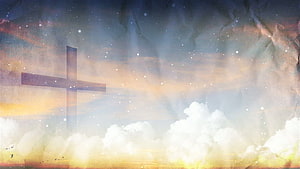 Ethereal Christian Cross Silhouette Against a Dreamy Sky with Soft Clouds and Starlight HD wallpaper