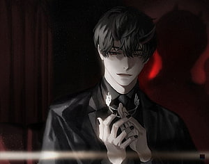 Kim Dokja in a Black Suit with Red Eyes and a Chain Necklace in a Dark Setting HD wallpaper