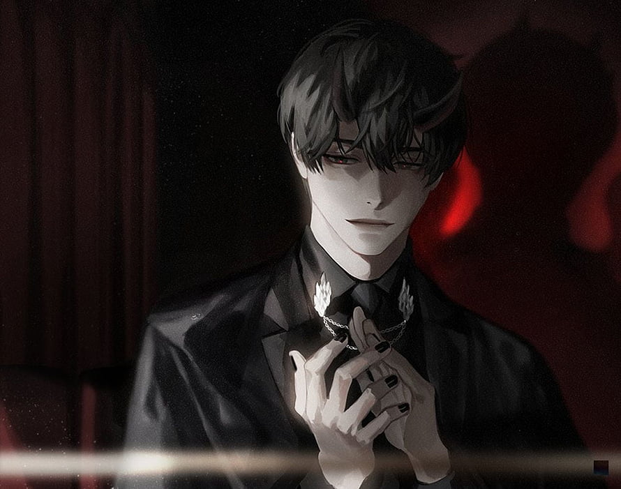 Kim Dokja in a Black Suit with Red Eyes and a Chain Necklace in a Dark Setting HD wallpaper