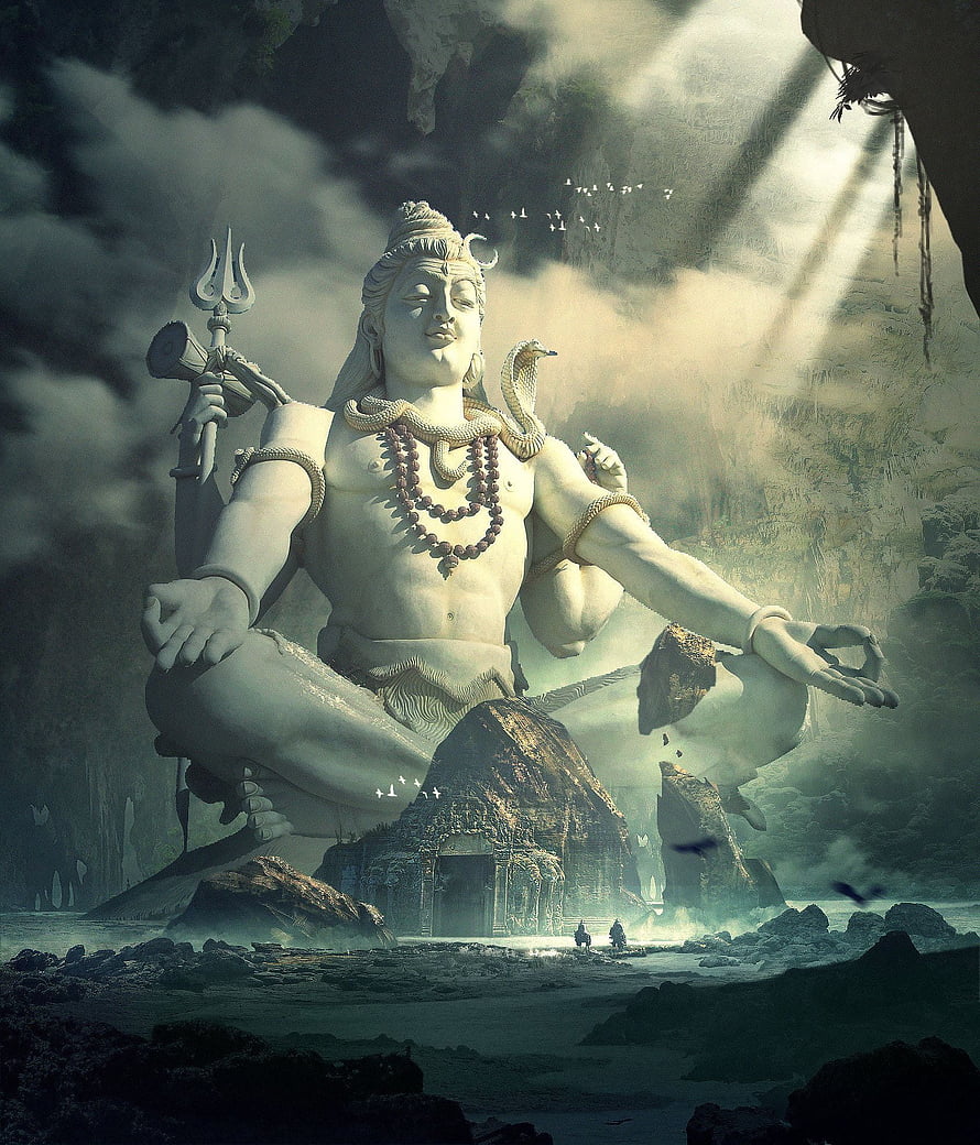 Giant Meditating Shiva Statue in Mystical Cave with Trishul and Serpent HD phone wallpaper