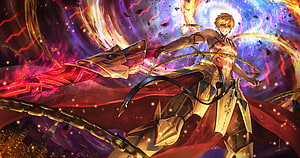 Gilgamesh wielding Excalibur in a cosmic battle scene from the Fate franchise HD wallpaper