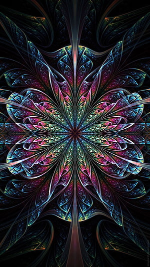 Iridescent Fractal Mandala with Intricate Symmetrical Petals on Black Background HD phone wallpaper