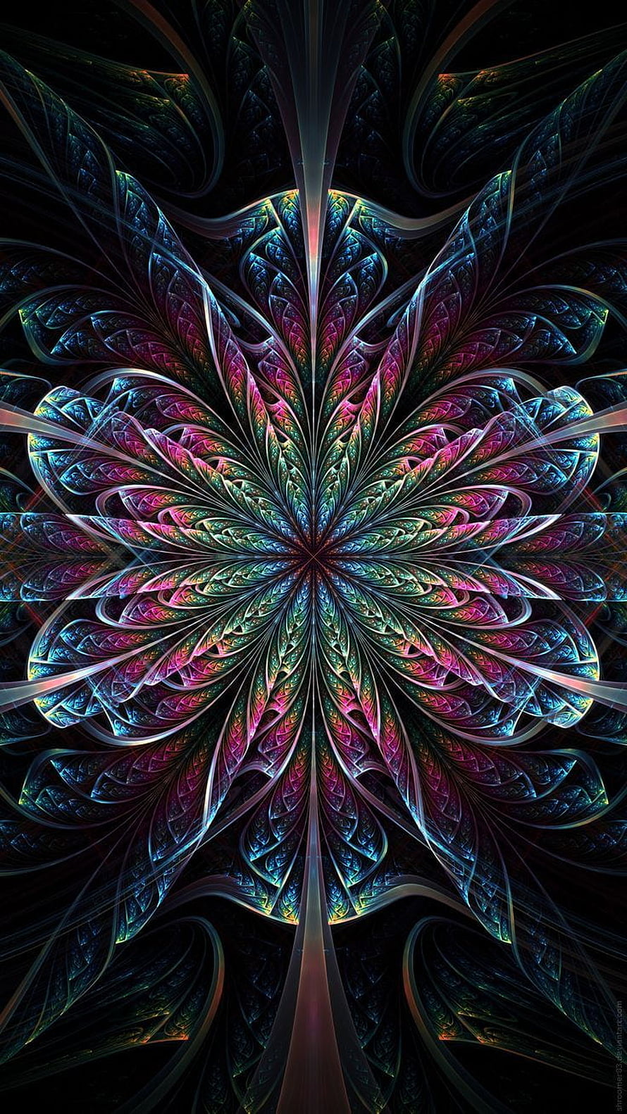 Iridescent Fractal Mandala with Intricate Symmetrical Petals on Black Background HD phone wallpaper
