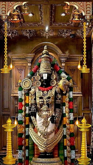 Lord Ayyappa Statue in Temple with Golden Jewelry and Flower Garlands HD phone wallpaper
