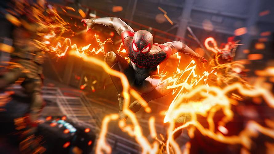 Miles Morales Spider-Man 2099 Suit Action Scene with Bio-Electric Venom Blast, Miles Morales, video game, 2020, PS5 HD wallpaper