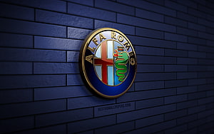 Alfa Romeo 3D Emblem on Dark Blue Brick Wall HD wallpaper