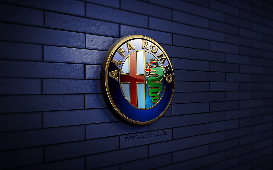 Alfa Romeo 3D Emblem on Dark Blue Brick Wall HD wallpaper